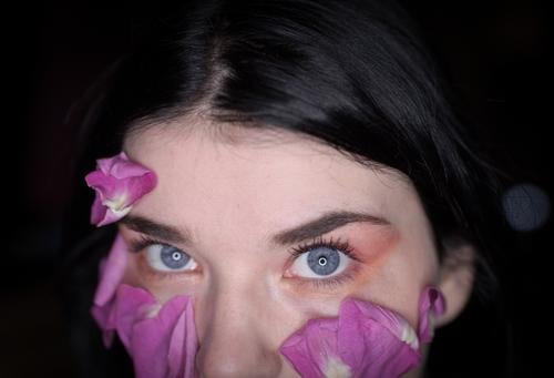 eyes and rose petals blue eyes Looking into the camera pink rose Flower Make-up dark hair lashes selfportraits Close-up close up portrait eyebrows natural