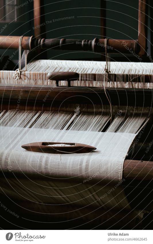 Antique loom with weaving shuttle and old linen yarn Linen Loom Ancient Old Linen yarn Craft (trade) Weave Shuttle Material textile Cloth weave String