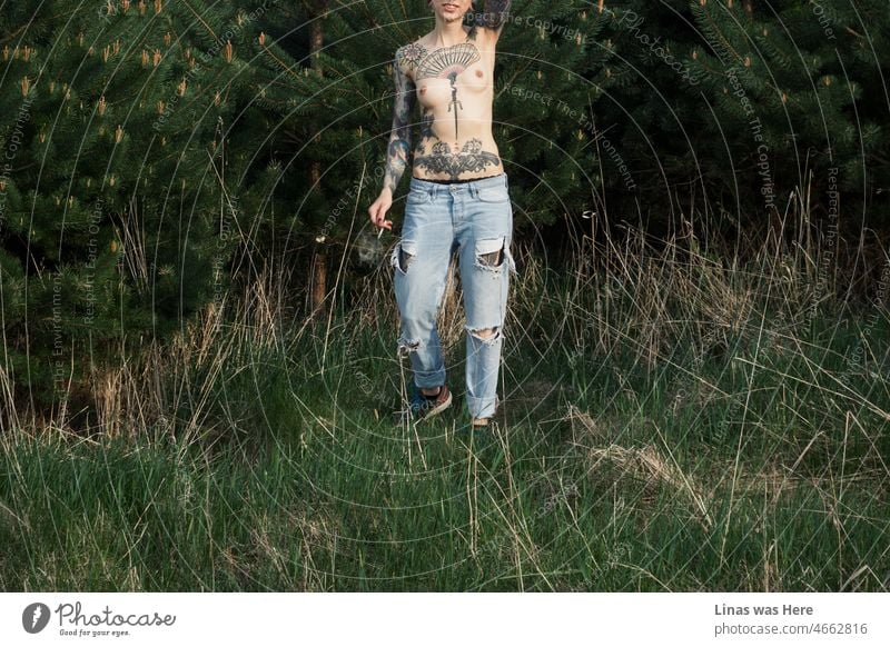 An inked and topless girl is having fun in the woods. Only with her ripped blue jeans on she’s showing her sexy curves and bespoke tattoos. An erotic image of wild nature and even wilder girl.