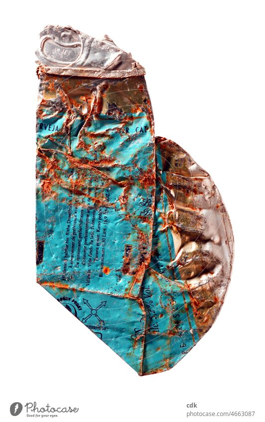 folded and flattened | can Tin Canned drink mass-produced Trash waste Material shape Isolated Image Form study Old used Empty jettisoned trampled Dented Folded