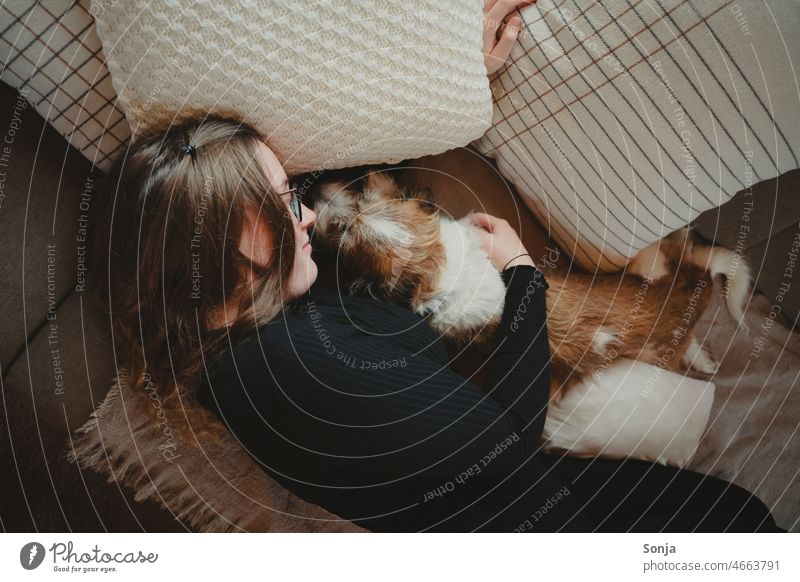 A young woman is lying on a couch with a small dog. Woman Dog youthful Lifestyle Happy Friendship Animal Pet Together at home Love Feeling of togetherness