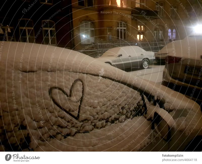 Heart on a snow-covered car door Snow Winter embassy Car Window snowed over Cold Night Dark Love token of love Sign Declaration of love With love Emotions