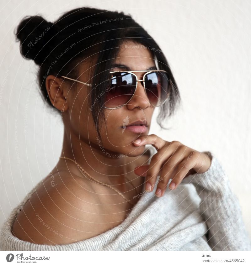 Woman with sunglasses portrait Eyeglasses hairstyle Sunglasses Sweater Hand Meditative ponder Jewellery