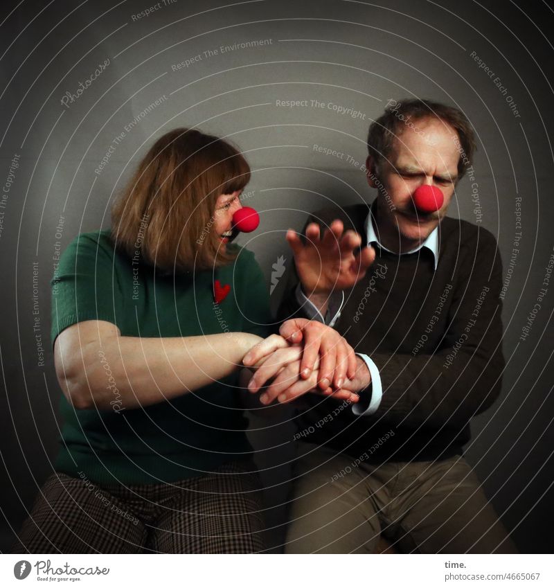 love the one you're with (VI) clown nose Couple Hand stacking Man Clown Woman facial expression Grimace at the same time Fingers Whim fun Theatre acting Stage