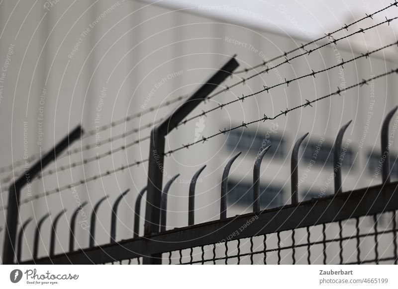 Fence with barbed wire, behind it gray facade Barbed wire Border Facade Gray rods Metal Barrier Protection Safety Threat Barbed wire fence Captured Dangerous