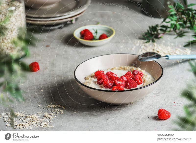 Breakfast bowl of porridge with oats and raspberries grey concrete kitchen table branches plates healthy vegan breakfast seasonal summer berry front view