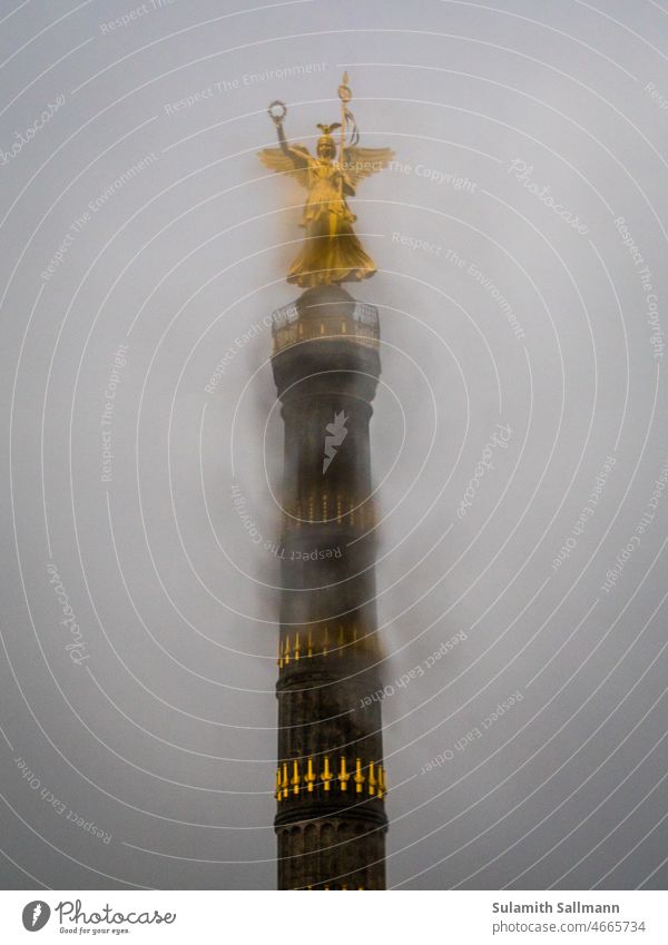 Victory Column on a rainy Berlin day Germany Europe Rain Rainy weather Tourist Attraction Victory column blurred hazy Weather walkable Landmark Tourism