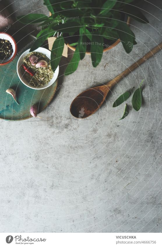 Cooking background with herbs, wooden spoon, pepper, salt and garlic on dark kitchen table cooking sage top view copy space concrete dinner food fresh green