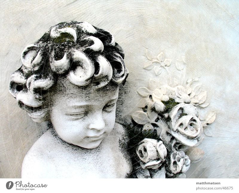 Venice Death Cemetery Relief Work of art Carved Sculpture Peace Calm White Flower Grief Safety (feeling of) Close-up Grave Stone Derelict Boy (child) Bright