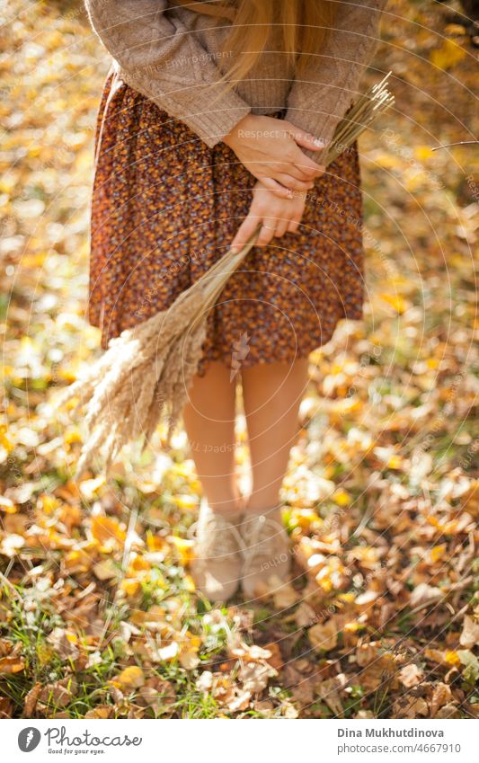 Woman in fall outfit holding a bouquet of dry wheat lifestyle shot in autumn park standing on yellow fall leaves. Autumn fashion and style. Selective soft focus and depth of field.