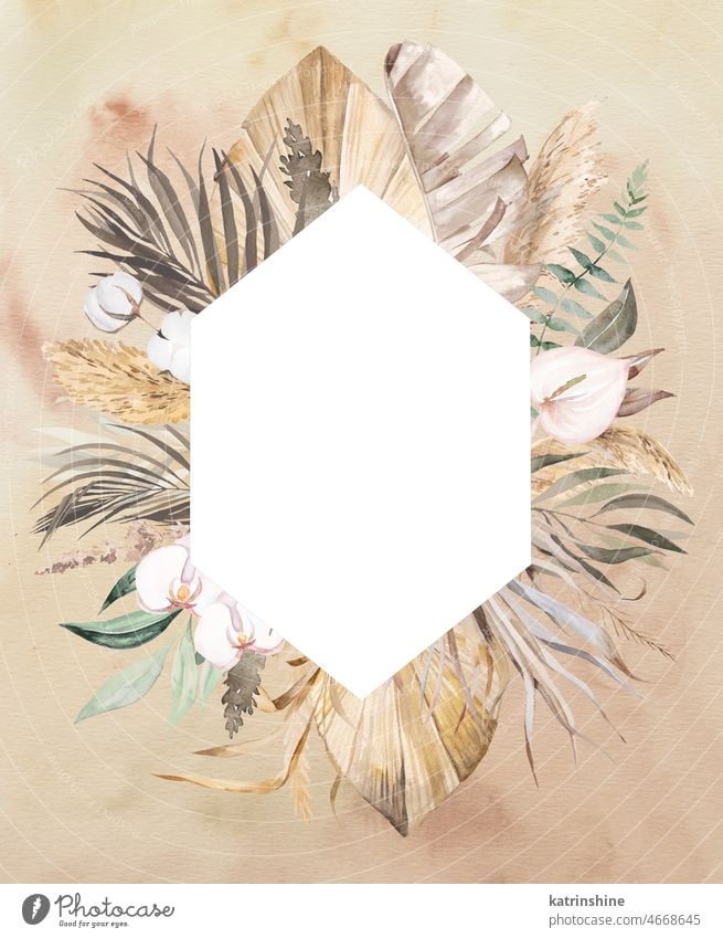 Watercolor Bohemian geometric frame with dried leaves and tropical flowers illustration watercolor boho wedding beige palm banana pampas grass cotton orchid
