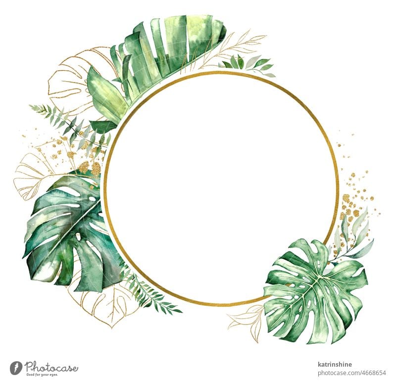 Golden frame with green and golden watercolor tropical leaves illustration Botanical Decoration Exotic Foliage Hand drawn Isolated Ornament Summer banana boho