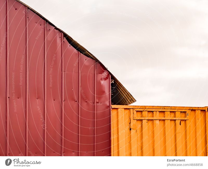 Holy's Tin Hall Metal Container Red Orange Sharp-edged Round Facade Wall (building) Abstract Bodywork damage lines Line Structures and shapes Simple