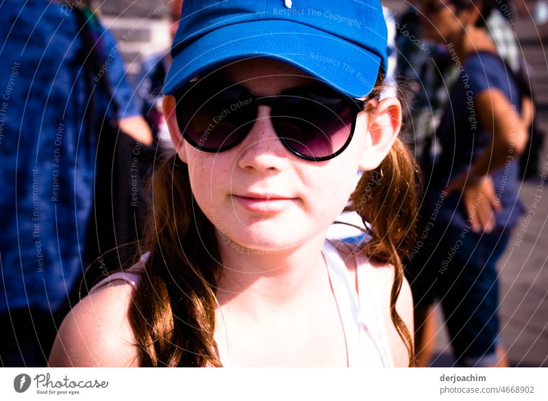 New glasses, new hat that feels good. girl Colour photo Girl Summer Exterior shot Child Day pretty portrait Human being Looking Cute Joy Cap Sunglasses Face