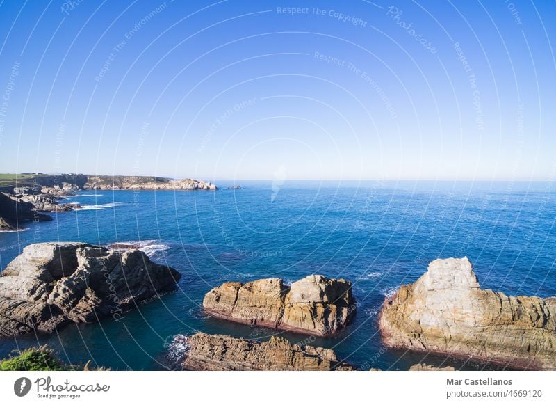 Coastal landscape with rocks and sea. Copy space. coast waves views lookout no people horizontal calm beautiful natural rest quiet tranquil stone relaxation