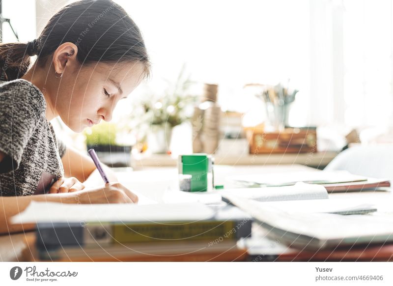 Teenage girl doing homework for school. Portrait of a pretty concentrated girl. Sunny day environment. Side view. Home schooling. Social distancing. Copy space. Life style. Soft focus