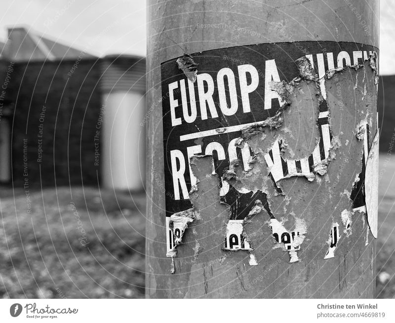 Torn sticker on a lamppost. Only the word "Europe" is still clearly readable stickers torn Word Signs and labeling Close-up Signage Typography communication