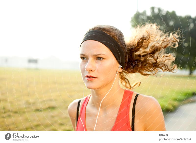 Woman jogging on asphalt road in nature with headphones, portrait, headband Sports Fitness Sports Training Jogging Feminine Young woman Youth (Young adults) 1