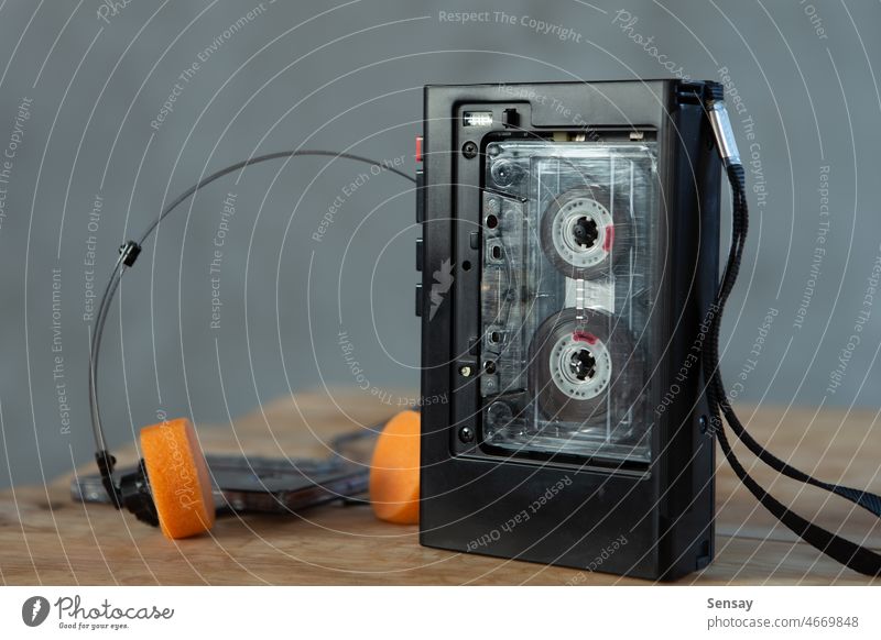 Music listening concept. Vintage cassette tape, audio player and headphones. music old stereo mix vintage retro sound record technology style musical