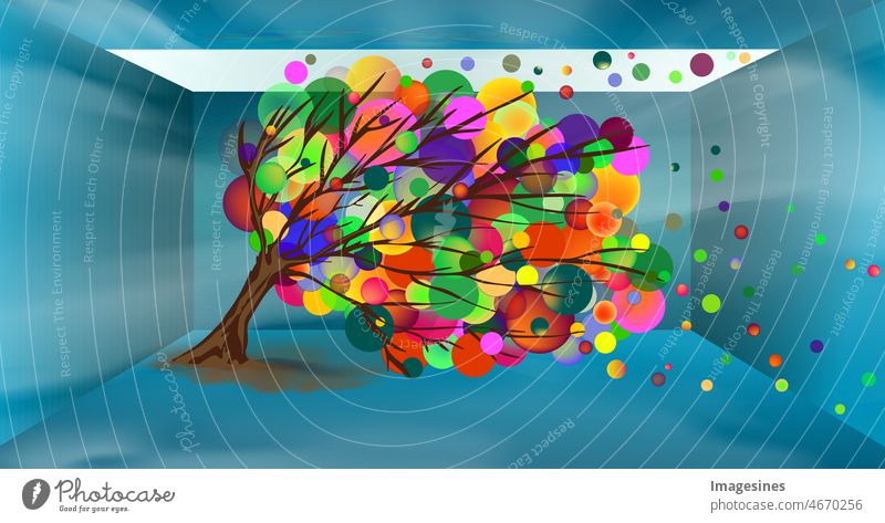 Futuristic room with colorful tree with abstract circular leaves or balloons. Open wall ceiling with light sky. Ample space for growth, concept, freedom to develop skills or creativity.