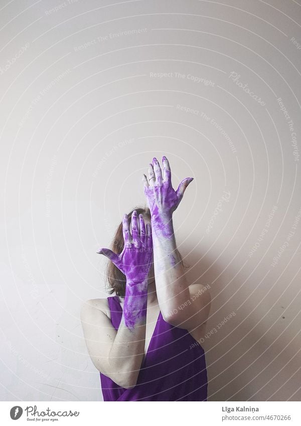 Hands in front of face with purple paint Women women young women caucasian ethnicity female portrait people woman person Painted Purple Obscure hands arms