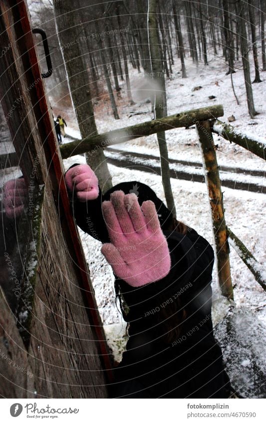 Stop - No photo! - defensive pink gloves in a snowy forest no photo Pink stop photography prohibited Woman Take a photo Photography interdiction