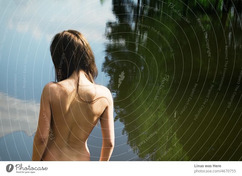 A sensual image of a naked brunette woman standing and most probably looking into a water reflection. In the clear water of a lake, you can see a blue sky, green trees, and white clouds. All of these details are great but our model’s sexy back is the best.