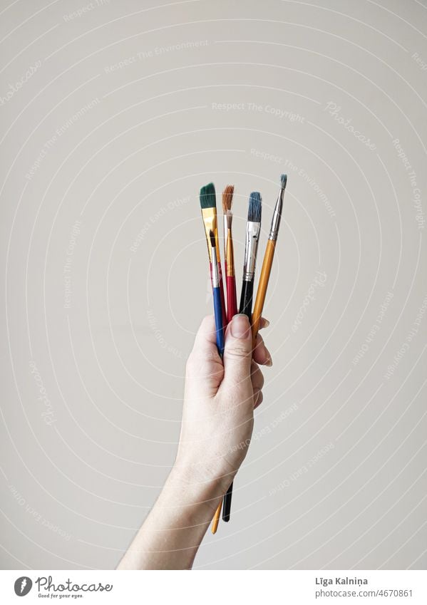 Hand holding paintbrushes Paintbrush Colour Craft (trade) Painting (action, work) Art Painting (action, artwork) Painting and drawing (object) Redecorate