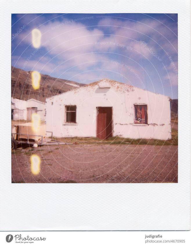 Icelandic house on Polaroid House (Residential Structure) Building Hut Living or residing dwell Flake Barn Loneliness Nature Entrance Window door Moody