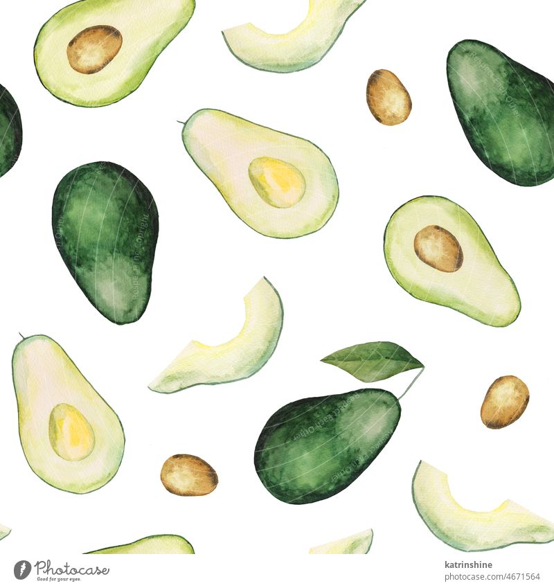 Watercolor green juicy avocado seamless pattern. Whole and half an avocado, tropical fruit illustration Botanical Cut Decoration Element Exotic Hand drawn
