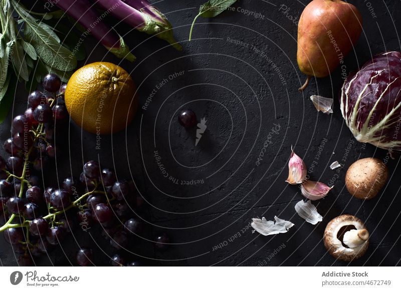 Top view fruit and vegetables composition food fresh organic copy space healthy background ingredient raw broccoli diet top green natural white concept