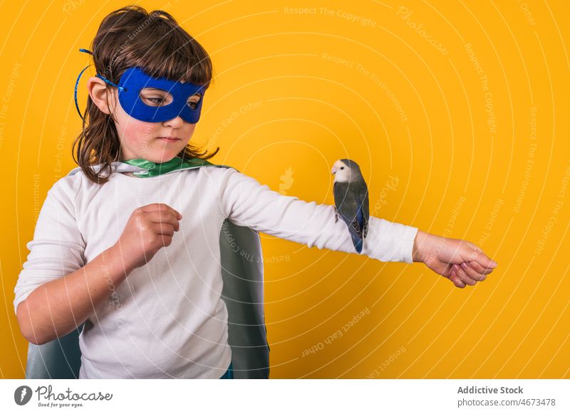 Kid in superhero clothes with parrot girl child bird costume studio brave courage portrait kid pet power ambition mask individuality demonstrate owner cape