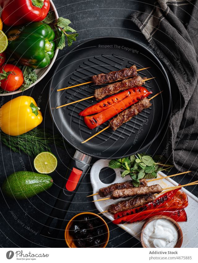 Grilled kebab with red pepper meat grill roast cuisine meal food vegetable culinary skewer delicious tasty appetizing yummy assorted ingredient palatable