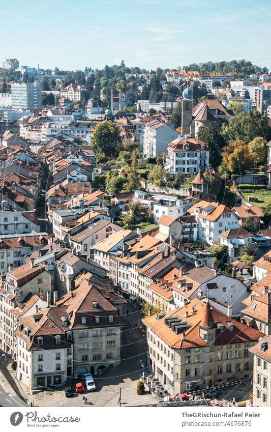 swiss city from above Fribourg houses Town Switzerland roofs Old Architecture Building Old town