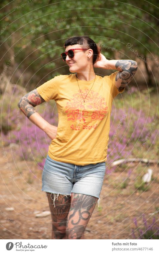 cheerful young woman with tattoo in nature tattoos Woman Smiling Sunglasses Young woman portrait Happy pretty Happiness Feminine Lifestyle Day