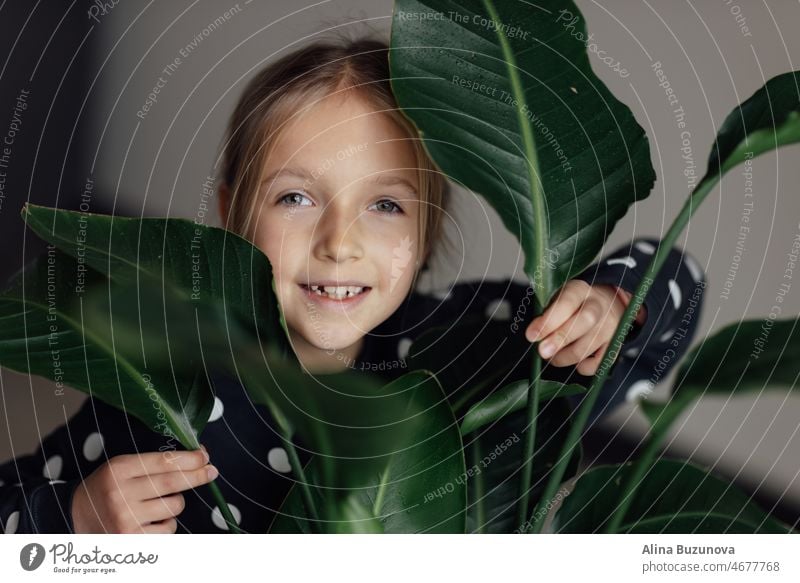 Cute caucasian little girl with Strelitzia houseplant at home. Greenery in modern apartment. Love and take care of plants, hobby time. Indoor cozy garden.