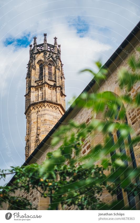 Tower of the Augustinian monastery in Erfurt Thuringia Church spire Exterior shot Colour photo Light Old town Worm's-eye view Facade Manmade structures