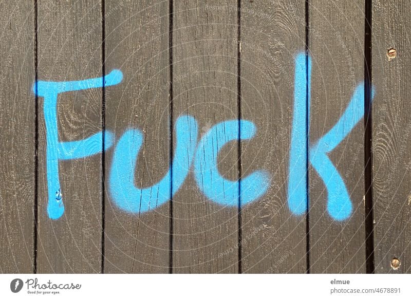 Fuck is written in light blue on the brown closed wooden fence / frustration / provocation / feeling fuck Aggression Animosity Anger Wooden fence Aggravation