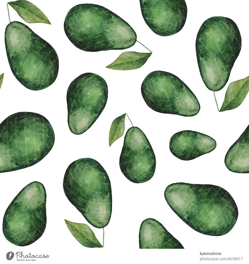 Watercolor green juicy avocado seamless pattern. Whole avocado, tropical fruit illustration Botanical Decoration Element Exotic Hand drawn Healthy Ingredient