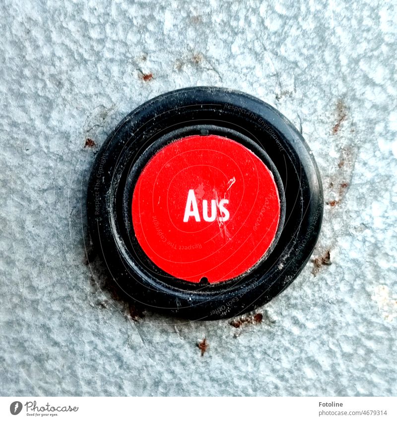 "Off" is written in white on the bright red button. However, this button has not been pressed for decades. from Characters Letters (alphabet) Word Black Round