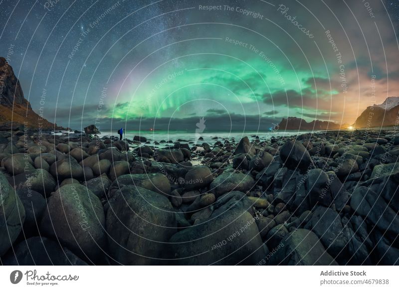 Anonymous traveler observing aurora borealis over sea from rocky beach nature starry sky trip admire seashore landscape ocean polar northern lofoten norway