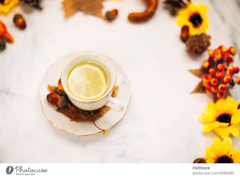 Top view of a ceramic cup of lemon tea surrounded pine cones and autumnal maple leaves. Focus on lemon. drink hot cinnamon aroma autumn days beverage citrus