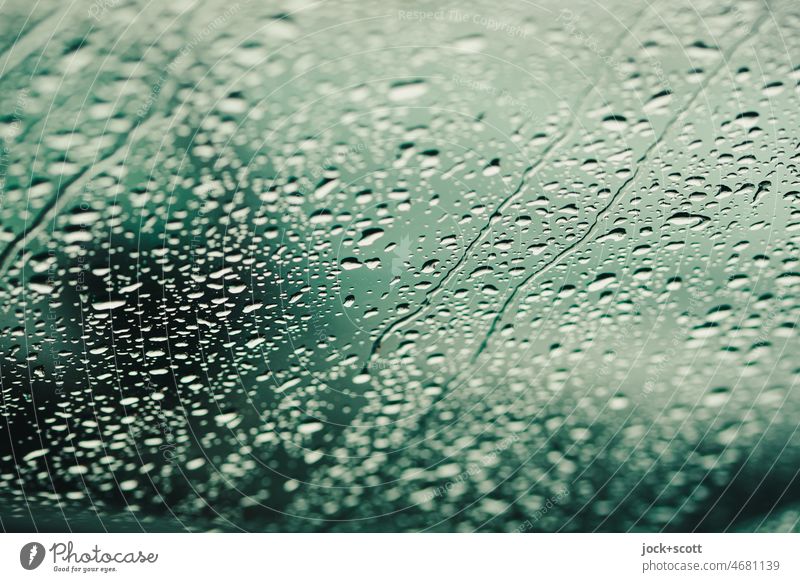 Raindrops pattering on the windshield raindrops Pane Wet Background picture Detail Abstract Drops of water blurriness hazy Windscreen Close-up Dreary Gray
