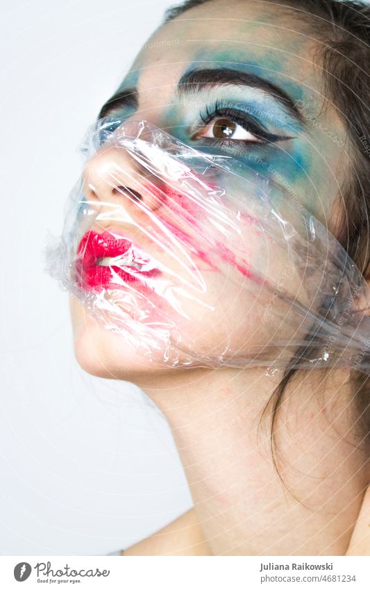 experimental beauty portrait with smeared make up Modern Make-up Looking into the camera Young woman Feminine 1 fashionable Lifestyle Cool (slang)