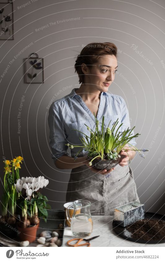 Smiling gardener with spring flowers at table woman plant potted season home content smile female cheerful various cultivate assorted apron fresh floral blossom