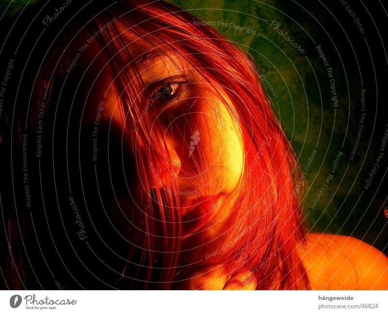 Fire in black Red Portrait photograph Girl Grief Green Yellow Looking Face Hair and hairstyles Crazy Sadness regretfully Shadow Blaze