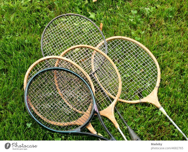 Rackets made of wood and plastic for badminton and badminton on green lawn on a farm in the summer in Rudersau near Rottenbuch in the district of Weilheim-Schongau in the Pfaffenwinkel in Upper Bavaria