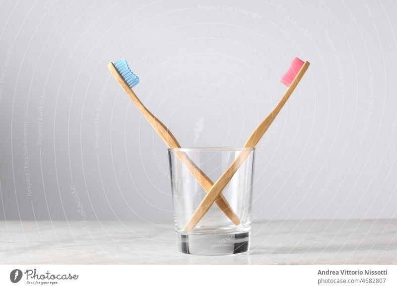 couple and love concept: pink and blue bamboo toothbrushes in a glass with copy space for your text toohtbrush hygiene dental healthy equipment medical dentist