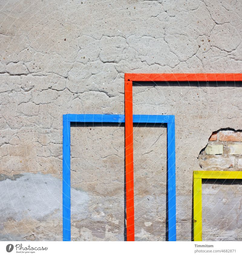Pictureless frames Frame Wood Blue Red Yellow Wall (barrier) bricks Plaster Old Facade Structures and shapes Deserted Brick Colour photo Broken