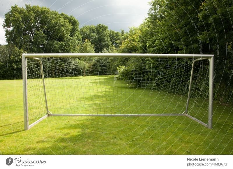 soccer goal on a meadow football net grass field white green line game sport background posts turf stadium competition play summer fun outdoor pitch kick